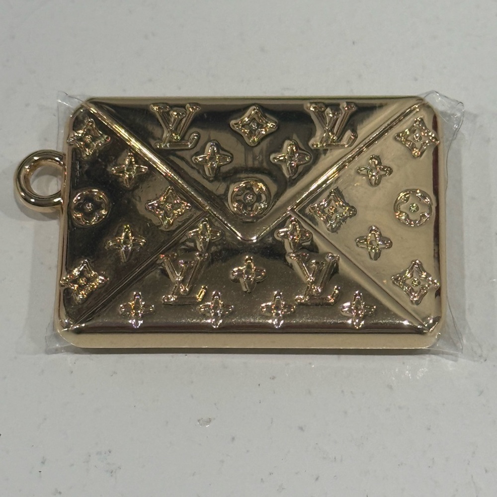 LV Envelope Zipper Pull Upcycled Charm  Pendant Repurposed Gold Tone -Heavy